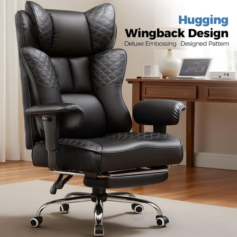 GTRACING Big and Tall Office Chair 400LBS Wide Ergonomic Gaming Chair with Deluxe Embossing Designed Leather with Foot Rest,150°Reclining Adjustable Soft Armrests Pocket Spring Back Support and Pillow
