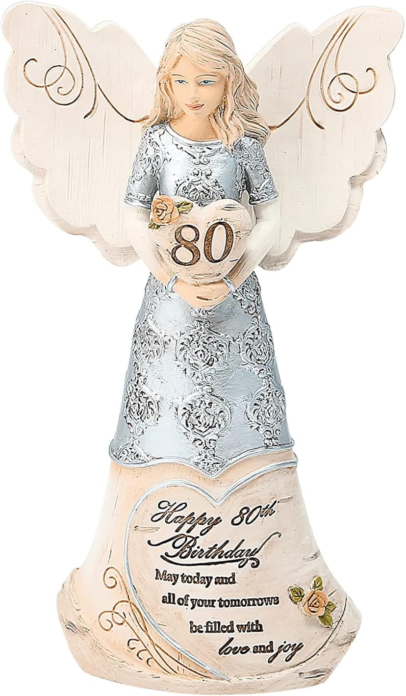 Pavilion 'Happy 80th Birthday' 82475 Elements Angels - Polyresin Birthday Angel Figurine - Silver Hand-Painted Remembrance and Keepsake Gift Angel for Grandmothers, Mothers, Aunts, Friends, Women