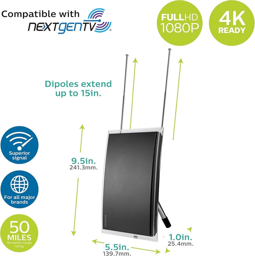 Philips Crystal Amplified Indoor TV Antenna, Extendable Dipole Rabbit Ears, 4K 1080P VHF UHF, Long Range, Amplifier Signal Booster, Digital HDTV Antenna, Smart TV Compatible, SDV3237N/27
