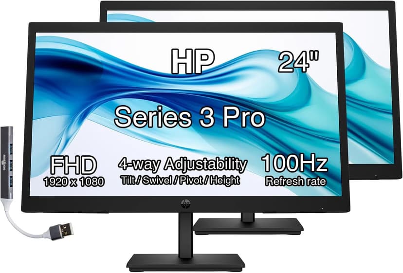 HP Series 3 Pro 24" 100Hz FHD IPS Monitor with Adjustable Tilt/Swivel/Pivot/Height, Built-in Dual 2W Speakers, VESA Mount (100mm), VGA, Displayport, HDMI w/DKZ Hub, Black 2 Pack