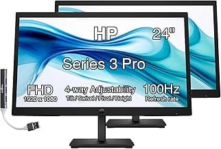 HP Series 3 Pro 24" 100Hz FHD IPS Monitor with Adjustable Tilt/Swivel/Pivot/Height, Built-in Dual 2W Speakers, VESA Mount (100mm), VGA, Displayport, HDMI w/DKZ Hub, Black 2 Pack