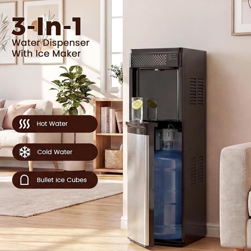 3 in 1 Water Cooler Dispenser with Ice Maker, Bottom-Loading Water Cooler Hot and Cold for Home & Office, 33lbs/24H Bullet Ice, Top Loading 3-5 Gallon, Child Safety Lock, Ice Ready in 7 Mins