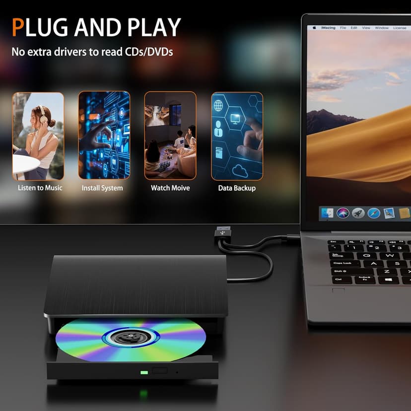 juwuoi External CD/DVD Drive for Laptop PC CD DVD Player USB 3.0 Portable Optical Drive CD Burner Compatible with Windows 10 11 Linux Mac OS (Black)