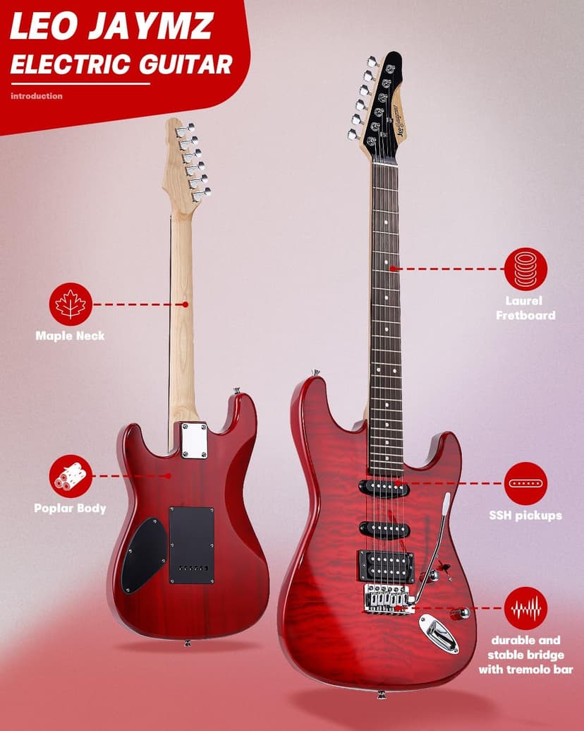 Leo Jaymz 39" Full Size ST Style Electric Guitar Starter Kit with SSH Pickup, 5W Portable Amp, Tuner, Gig Bag, Strap & Accessories (Red Ocean 5W)