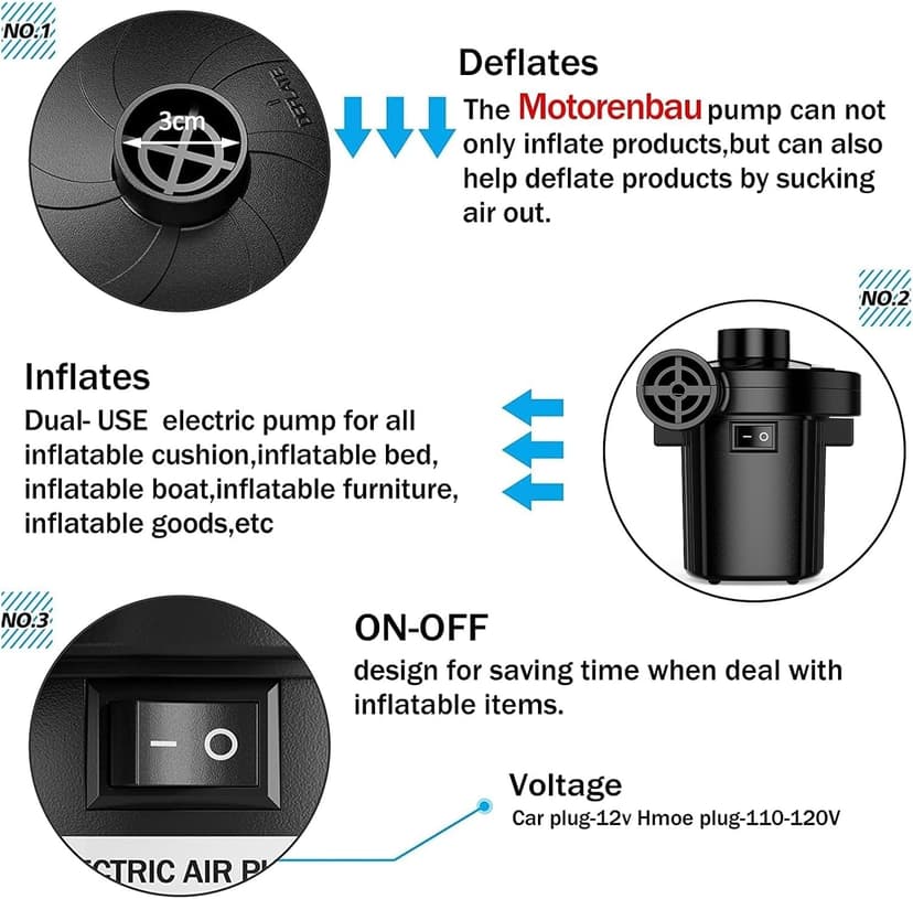 Electric Air Pump for Inflatables,Portable Quick-Fill Air Pump with 3 Nozzles,110-120V, Inflator & Deflator Pumps for Outdoor Camping, Air Mattress Beds,Boats,Inflatable Cushion,Couch,Pool Floats