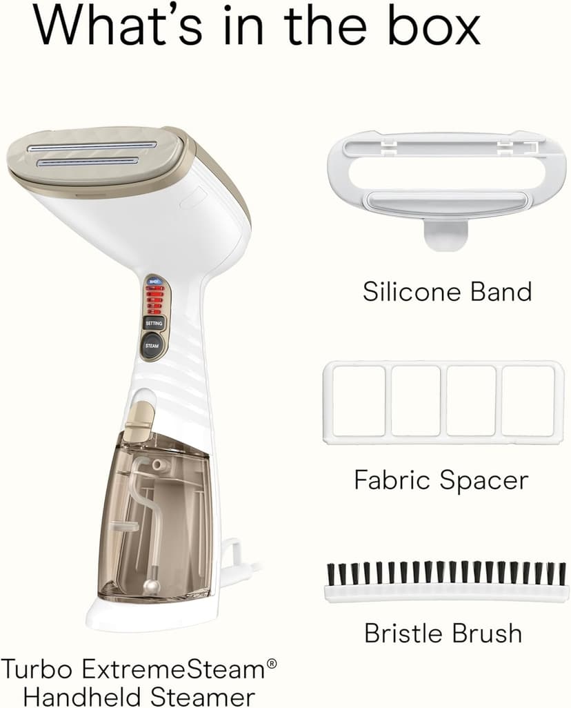 Conair Handheld Garment Steamer for Clothes, Turbo ExtremeSteam 1875W Fabric Steamer, Portable Handheld Design, Strong Penetrating Steam, White/Champagne