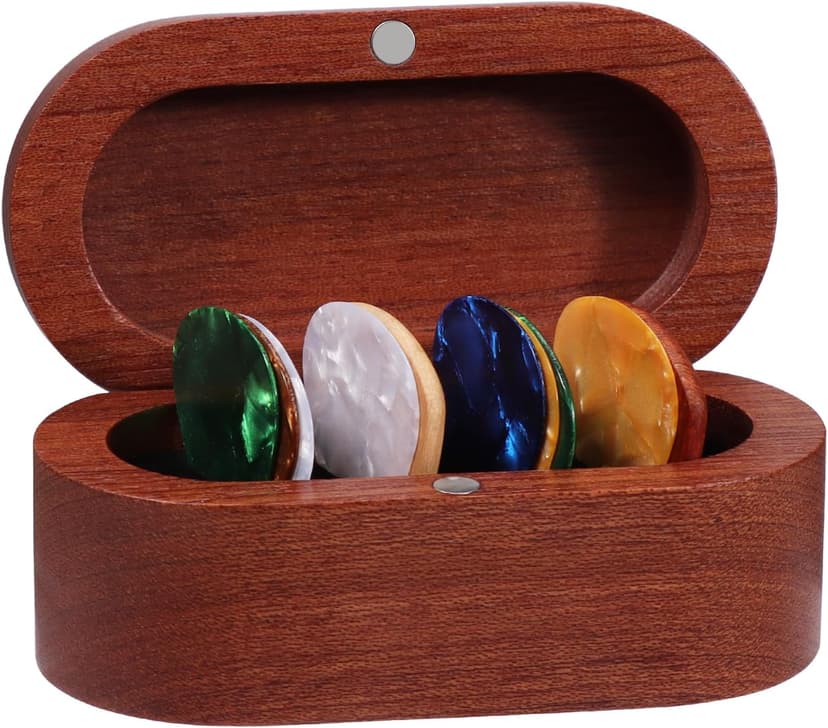 Walnut Guitar Plectrum Holder Set with 2 Color Wood Plectrums and 8 Celluloid Plectrums (4 Thicknesses),Mini Jewelry Box,Brown Wooden Trinkets,Box Size 3.35 * 1.77 * 1.57 inch (Wood color)