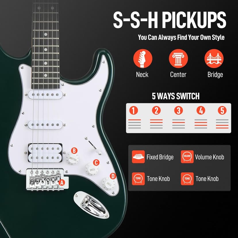 Ktaxon 39 Inch Electric Guitar Kit for Beginner, HSS Pickups 6 String Solid-Body Full Size Adults Electric Guitars W/Amplifier, Bag, Strap, Cable, Accessories - Green