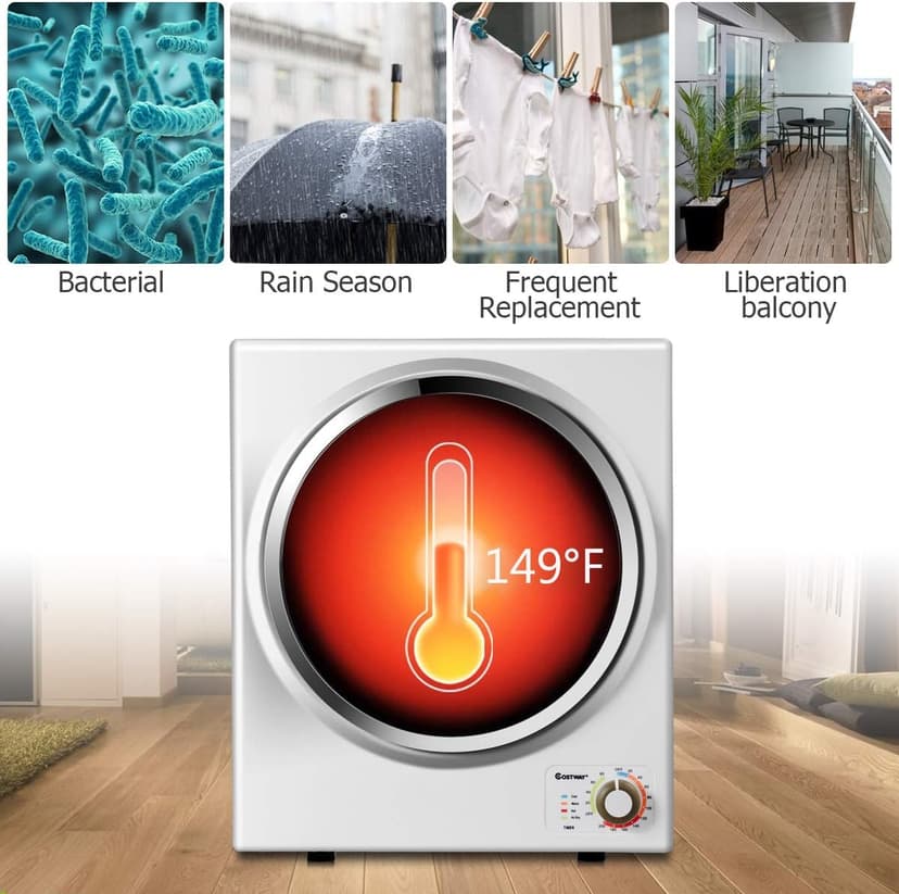 COSTWAY Compact Laundry Dryer, 110V Electric Portable Clothes Dryer with Stainless Steel Tub, Control Panel Downside Easy Control for 4 Automatic Drying Mode, White