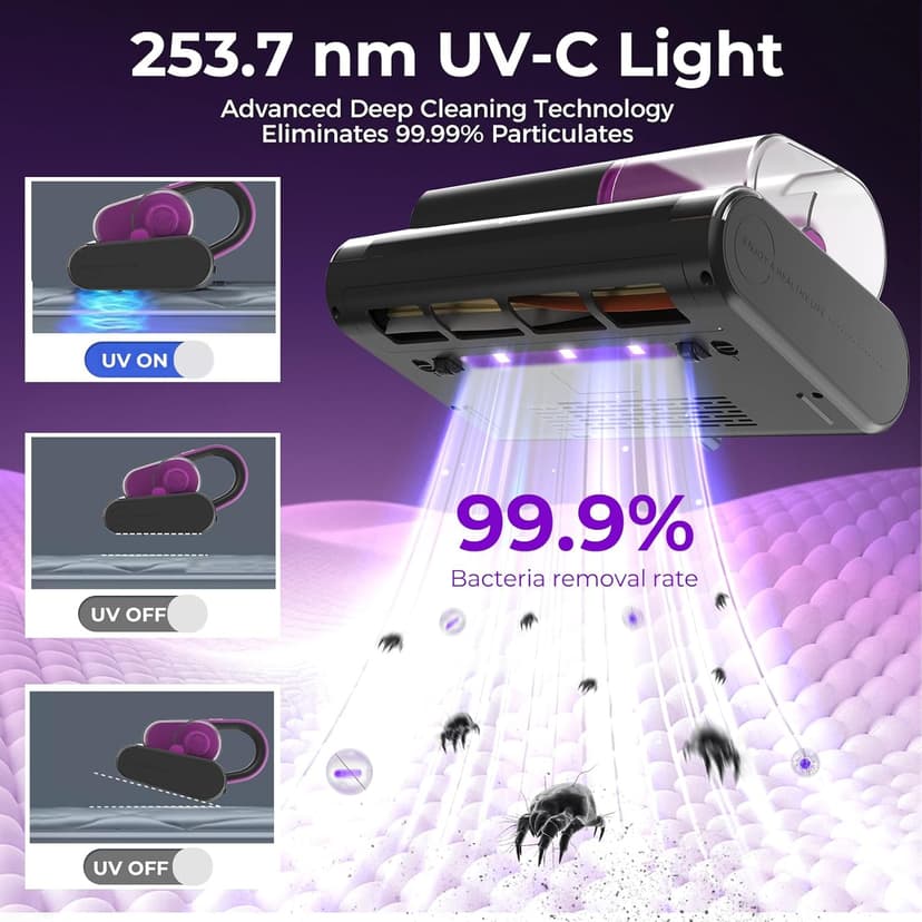 Bear Mattress Vacuum Cleaner, Bed Vacuum Cleaner with 253.7nm UV-C Light, 140°F Heat, HEPA Filter, 15Kpa Strong Suction Versatile Handheld Vacuums for Bed, Sofa, Couch, Dust & Pet Hair(Corded)