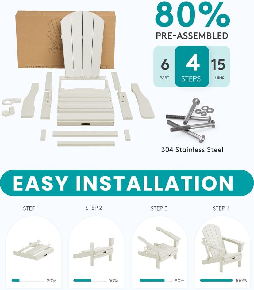 SERWALL Folding Adirondack Chair Set of 2, All Weather Patio Chair with Wood Texture, Fire Pit Chairs for Outdoor - White