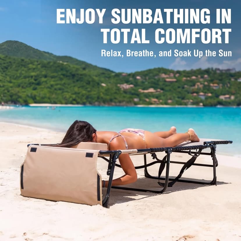 VILLEY Oversized Chaise Lounge Chair with Face Hole, Adjustable Reclining Beach Chair, Portable Tanning Chair, Outdoor Folding Sunbathing Chair for Patio Lawn Beach Pool