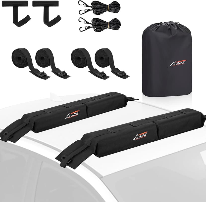 Universal Soft Roof Rack Pads for Kayak SUP Surfboard Snowboard Canoe, Heavy Duty Car Roof Rack System with 2 Tie Down Straps, 4 Quick Loop Straps, 2 Hood Loops, Tie Down Ropes and Storage Bag