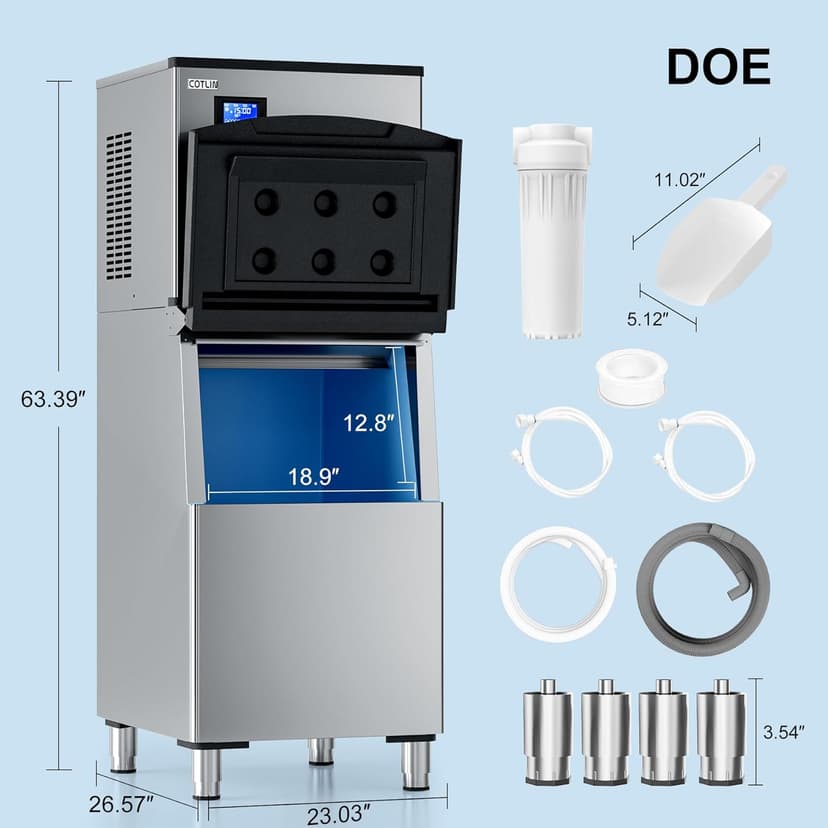 COTLIN Commercial Ice Maker, 550LBS/24H with 350LBS Storage, Commercial Ice Machine with Self-Cleaning, Ice Ready in 5–15 Min, Timing Function, Ice Thickness Adjustment, Stainless Steel, ETL Approval