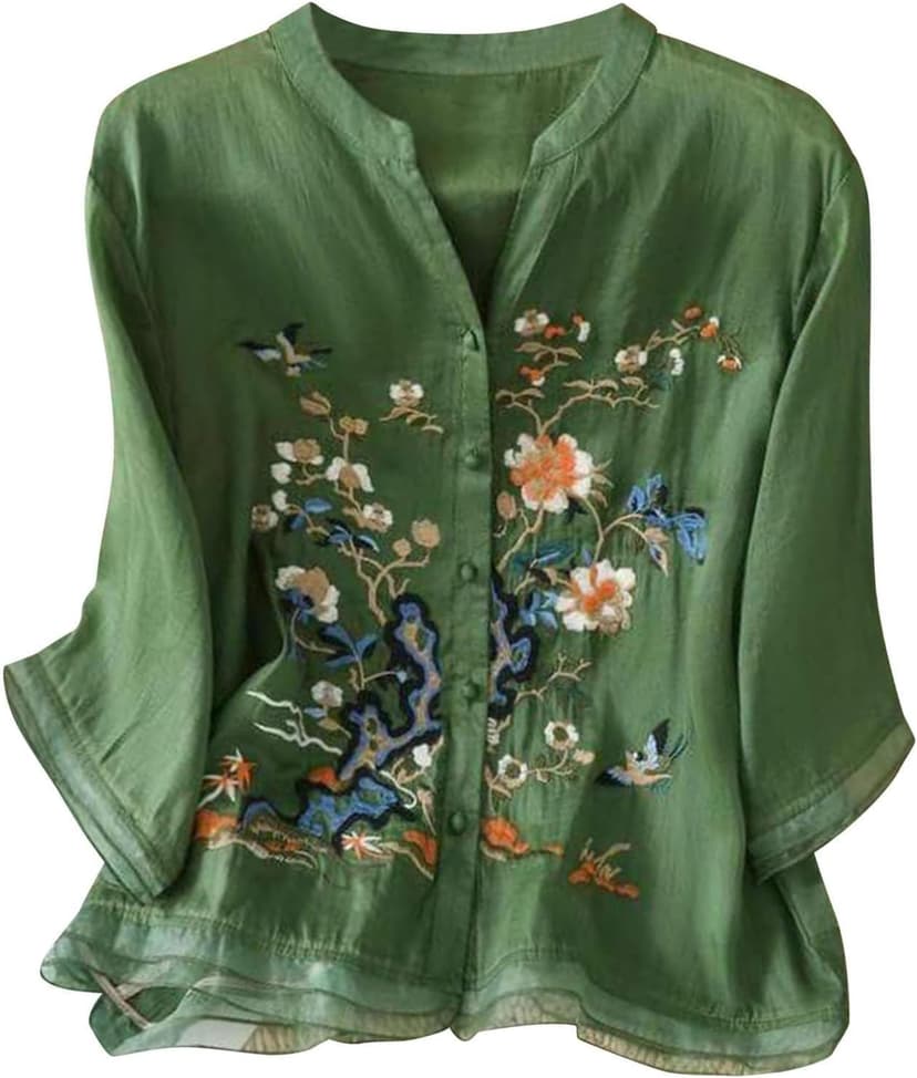 MGWTFZDL Linen Shirts for Women Summer Retro Embroidered 3/4 Sleeve Boho Peasant Tops Dressy Casual Blouses