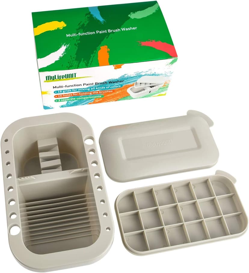 18 mixing wells, 16 slots fitting 0.24-0.63 in diameters, 3 washing compartments, removable tray lid MyLifeUNIT Paint Brush Cleaner, Paint Brush Holder with Palette, Grey B01H5JIU14