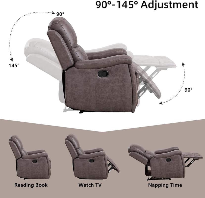 IOMOR Leather Recliner Chair, Manual Recliner Chair for Adults with Overstuffed Arms and Back, Single Sofa Recliner with Cup Holders for Living Room (1, Grey)