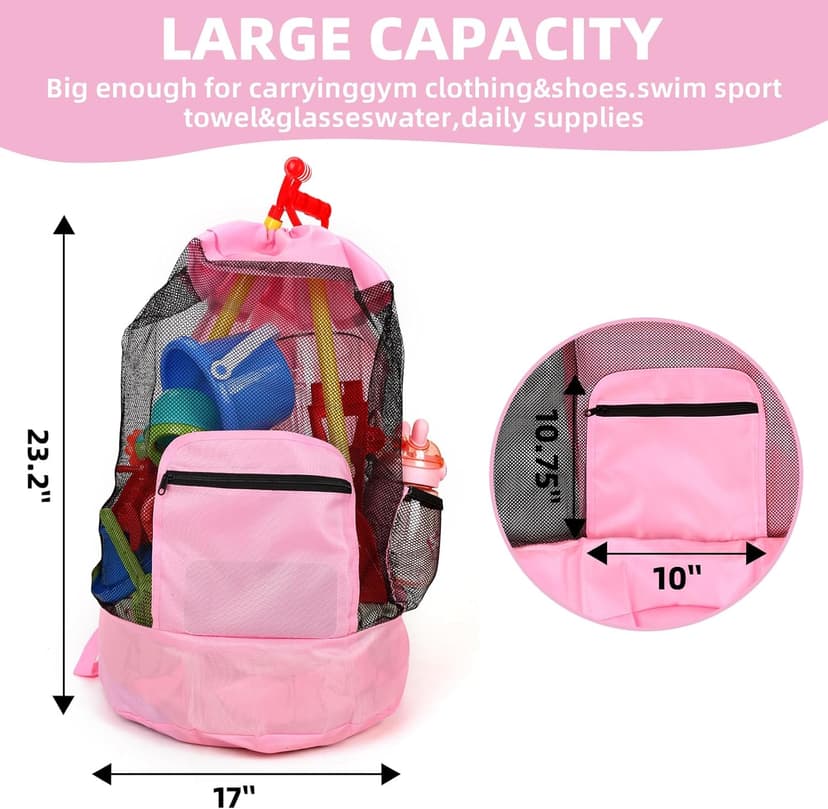 Beach toy bag，mesh backpack for beach,Beach Must Haves Sand Box Toys Seashell Bags，Waterproof Swim Mesh Beach Bag (1, Pink)