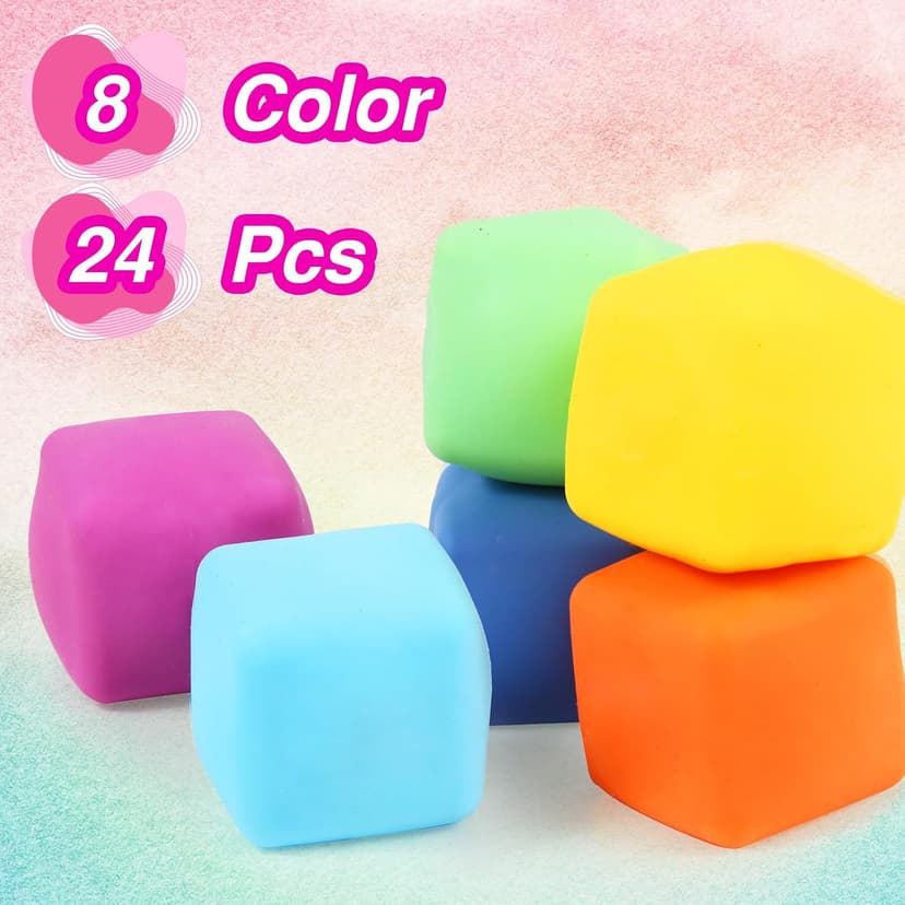 24 Pack Slow Rising Stress Cube , Dough Stress Balls Soft Fidget Squishy Toys for Anxiety Relief, Pull Stretch Classroom Prize Party Favors Toys for Kids B0D3WSCFJJ