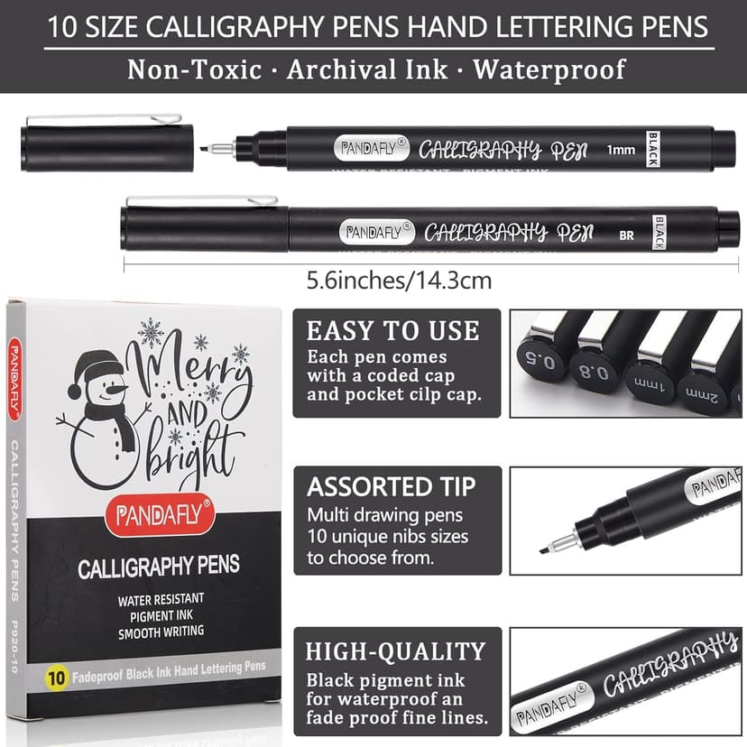 PANDAFLY Calligraphy Pen, 10 Size Calligraphy Pens for Writing, Brush Pens Calligraphy Set for Beginners, Hand Lettering Pen for Art Drawing, Sketching, Scrapbooking