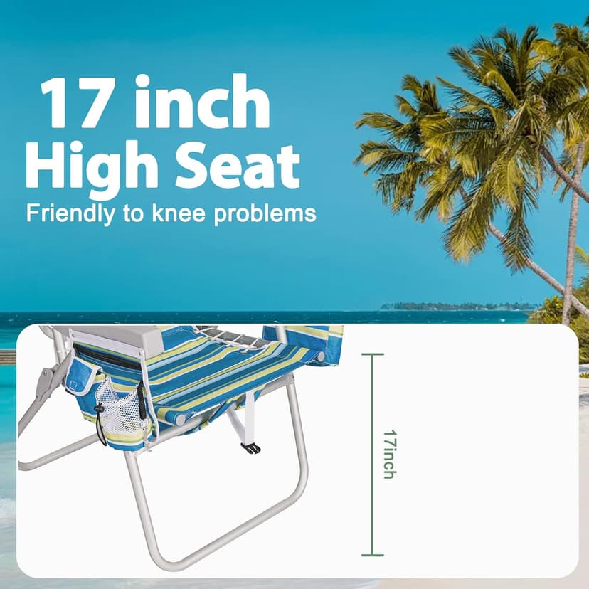 Romswi Tall Beach Chair Extra Wide for Adults, 17" High Seat Backpack Beach Chair with Cooler Bag, Cup & Phone Holder, 5-Position High Back Reclining Chair with Towel Bar & Zipper Pocket, Blue Stripes