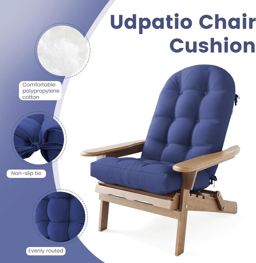UDPATIO Adirondack Chair Cushion with Ties - Fade-Resistant Waterproof Outdoor Recliner High Back Seat Pads for Rocking Chairs, Patio, Deck, Porch, Lawn (Upper & Lower Back Support),Light Blue,1 PC