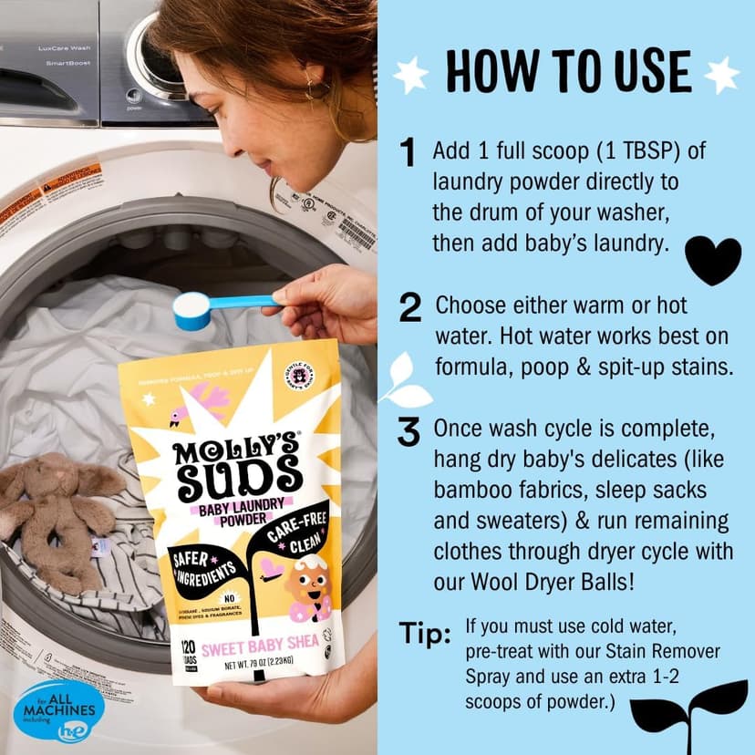 Molly's Suds Baby Laundry Detergent Powder | Removes Formula, Poop & Spit-Up Stains | Extra Gentle for Newborns (Fragrance Free)