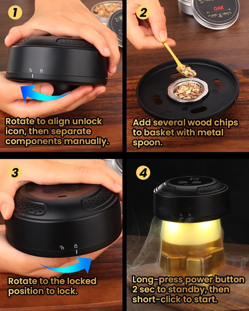 Electric Whiskey Smoker Kit, CHERRYQUEEN Old Fashioned Smoker Kit, Built-in Lighter & Ambient Light, 4 Reusable Ice Cubes 6 Wood Chips, Gifts for Men Dad Husband Whiskey Lovers (Birthday/Christmas)