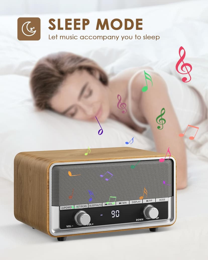 Vintage Wood AM FM Bluetooth Radio with Clock, Digital Clock Radio for Bedroom with LCD Display | 40 Presets | Sleep Timer | No Alarm, Retro Bluetooth Speaker for Office, Kitchen (Wood)
