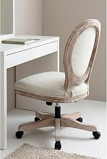 LukeAlon Vintage Linen 360° Swivel Chair, Beige Adjustable Height Task Chair, Armless Wood Frame, Round Back & Wheels for Home Office Study