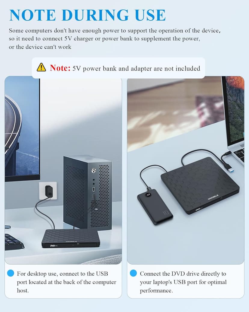 ORIGBELIE External CD DVD Drive for Laptop, USB 3.0 Type-C Ultra Slim 13mm DVD Player Portable CD DVD +/-RW Drive CD Burner Reader Writer Recorder for Desktop PC Windows 11/10/8/7 Linux Mac OS (Black)