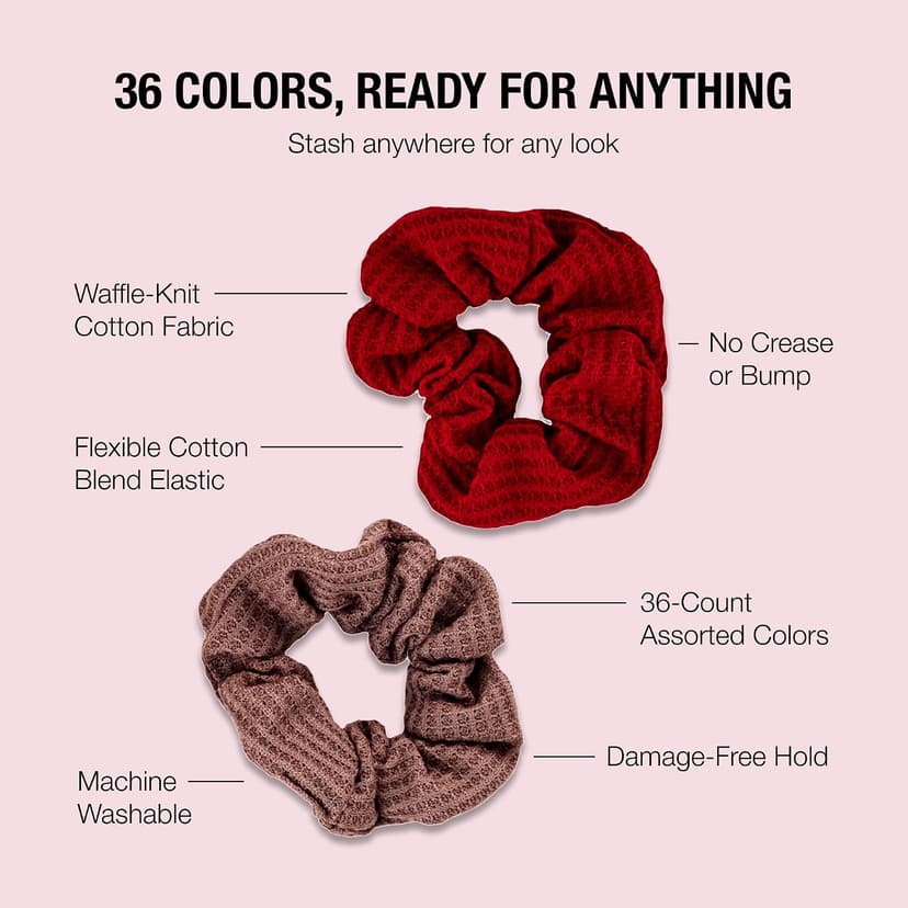 Machine-washable cotton-blend elastic hair ties for comfortable daily wear, wide assortment of colors to suit any look Scünci Hair Scrunchies, Waffle Knit Cotton, No-Damage, 36 Count B07S3KGBHL
