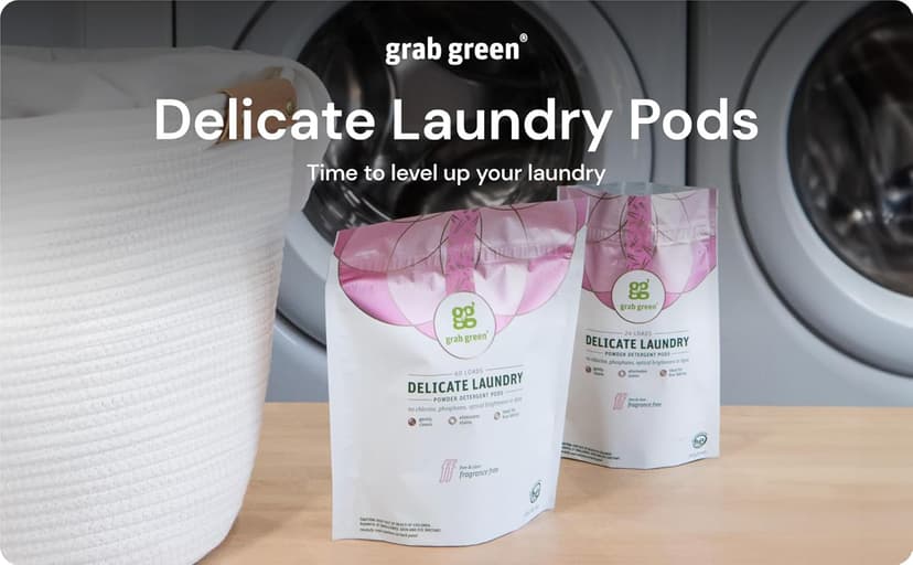 Grab Green Delicate Laundry Detergent Pods, 60 Count, Fragrance Free, Plant and Mineral Based, Superior Cleaning Power, Stain Remover, Brightens Clothes
