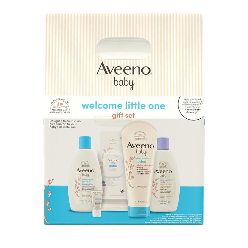 Daily Moisture Baby Body Wash and Shampoo, Calming Comfort Bath, Sensitive All Over Wipes, Moisturizing Lotion, Baby Balm Aveeno Baby Welcome Little One Gift Set, Baby Essentials Set, 5 Items B0B3SCY69X
