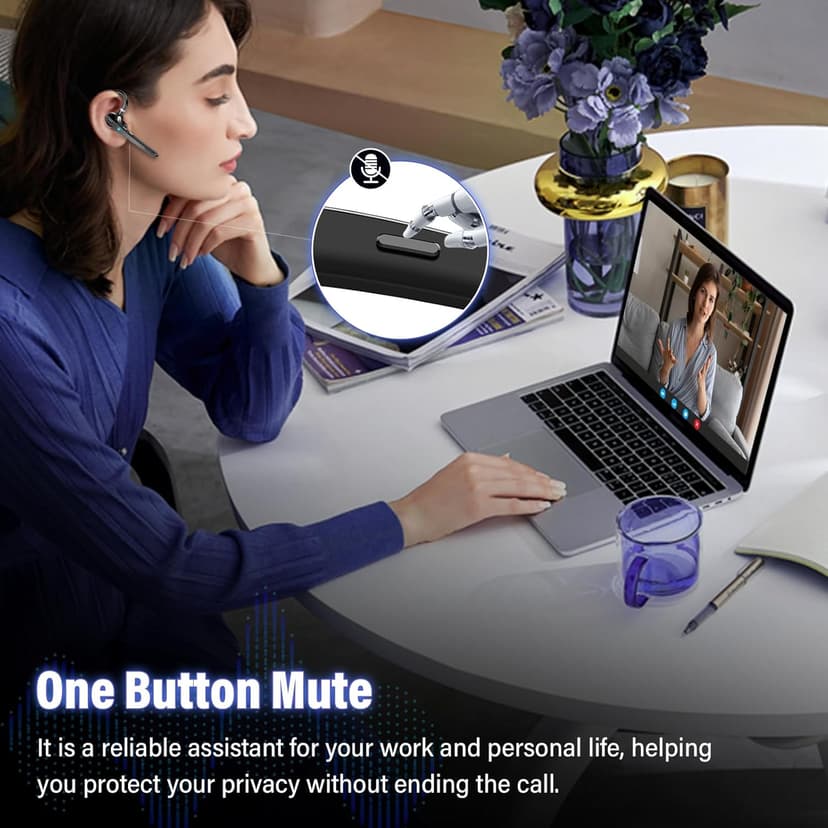 Thunelec Bluetooth Headset, Wireless Bluetooth 5.3 Earpiece, 90Hrs Hands Free Headset with APTX HD Audio & Mute Button, Dual Noise Cancelling Mics, Single-Ear Headphone for Trucker/Business/Office/Gym