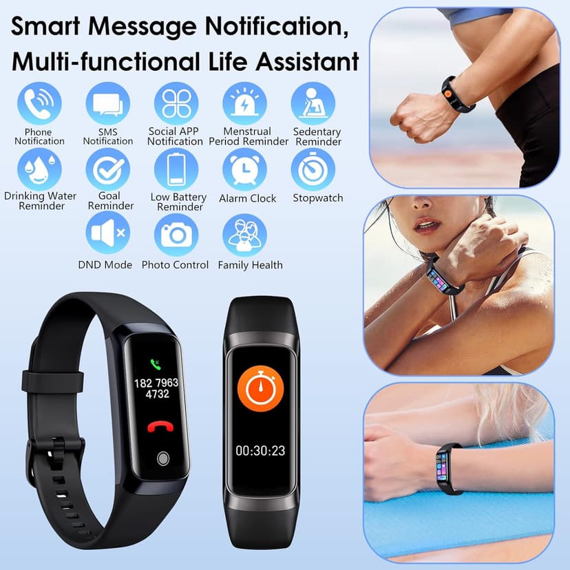 Fitness Tracker, 24/7 Heart Rate Blood Oxygen Blood Pressure Body Temp Monitor Sleep Calorie Tracker with 1.1" AMOLED Touch Color Screen Pedometer Smart Watch Waterproof for Women Men