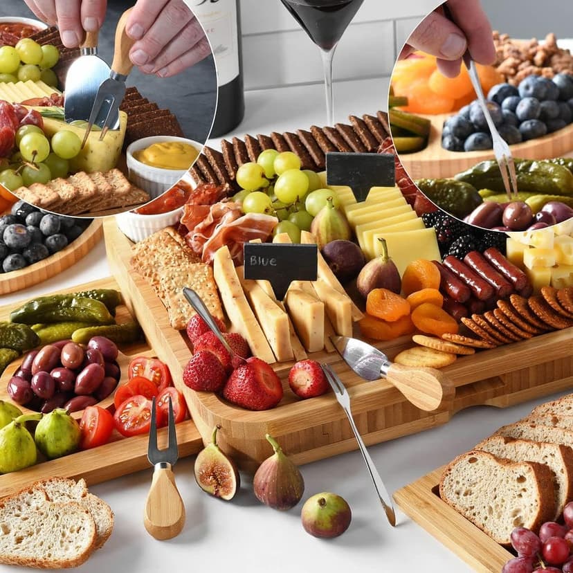 Complete Serving Set with Utensils & Trays, Entertaining, House Warming, Wedding, Bridal Shower & Birthday Gift for Women Bamboo Charcuterie Board Set, Large Cheese Board 3-Drawer with Accessories B0BKLRWSZW