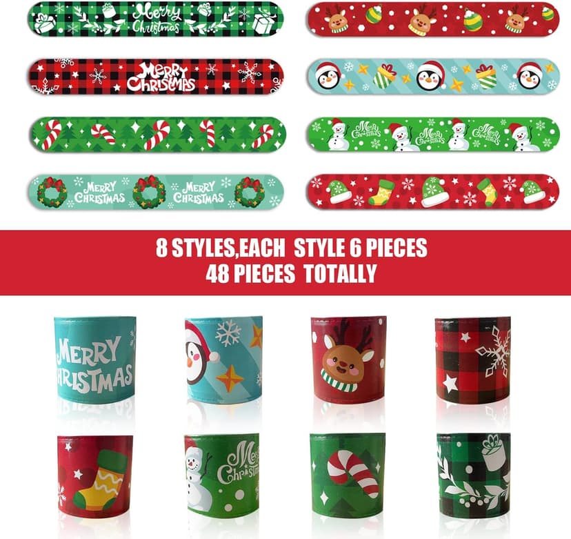 CCINEE 48Pcs Christmas Slap Bracelets，Xmas Slap Wristbands Assorted Pattern Snap Wristbands for Kids Christmas Party Favors Gift Bag Filler