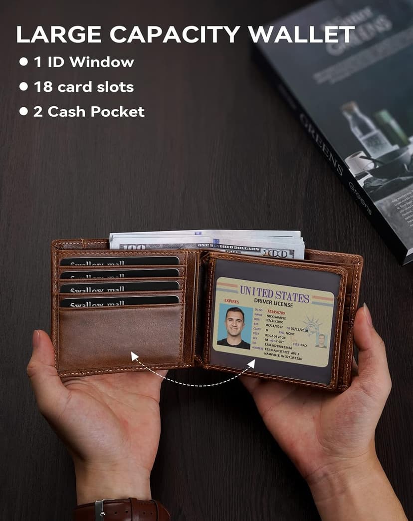 Swallowmall Leather Wallet for Mens Genuine Leather RFID Blocking Bifold Wallets with 1 ID Window 15 Card Slots