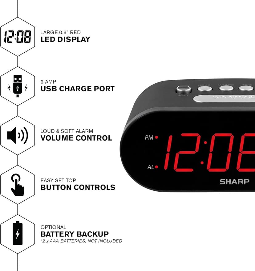 Sharp Digital Easy to Read Alarm Clock with 2 AMP High-Speed USB Charging Power Port - Charge Your Phone, Tablet with a high Speed Charge! Simple, Easy to Use Operation, Midnight Black