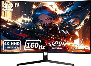 PIJ 32" Curved Gaming Monitor 4K, 160Hz UHD PC Monitor Built-in Speakers, Computer Screen for Home Office Entertainment, DP, HDMI, VA Panel, Compatible with Wall Mounting 75 * 75MM