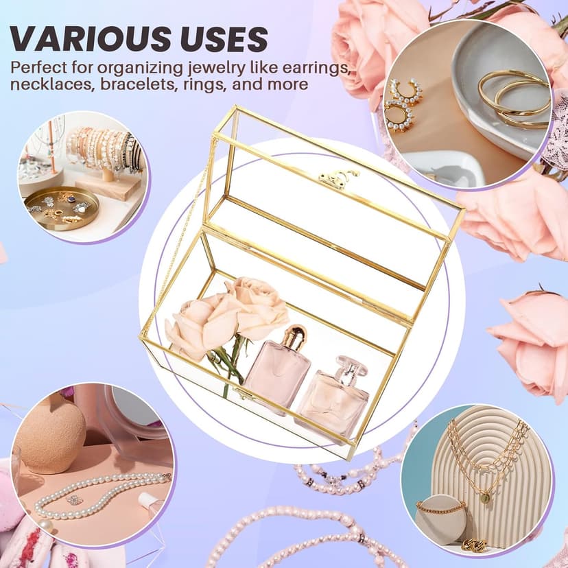 MAOPINER Single Automatic Watch Winder with Japanese Mabuchi Quiet Motor & 10 x 5.7 x 7.8 inch Vintage Gold Glass Jewelry Box