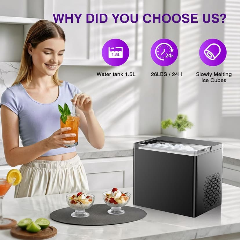 Ice Makers Countertop, 9 Ice Cubes in 6 Mins Portable Ice Maker, 2 Sizes of Bullet Ice (S/L) Small Ice Machine for Home Kitchen Camping (Onyx)
