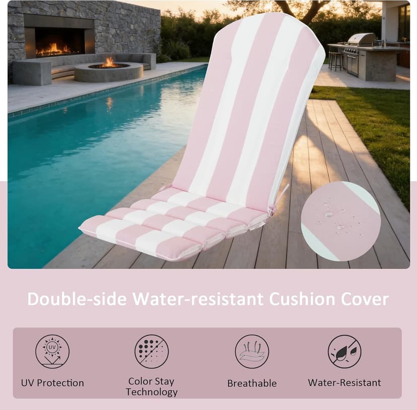COZYVIDA 50"x20" Adirondack Chair Cushions Set of 2,Outdoor Rocking Chair Cushions high Back,Water-Resistant,UV-Resistant 1000+ Hrs, with Adjustable Straps,Pink White Stripe