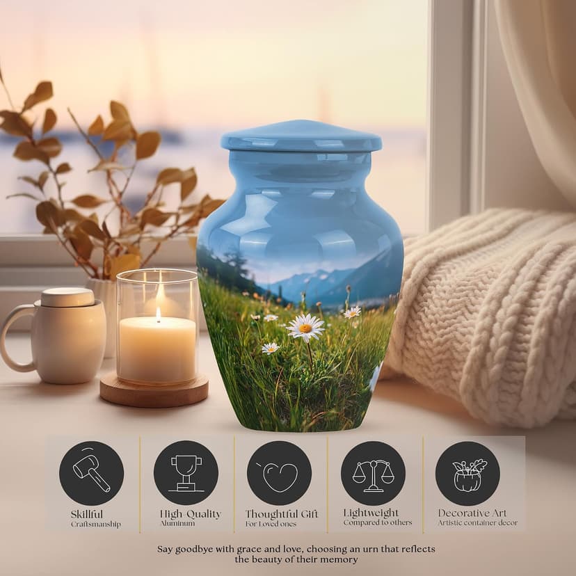 Blue Small Funeral Urn for Ashes for Women and Men Remains - Decorative Travel Urn for Mother and Father Cremation 3 Inch Daisy Burial Urns for Adult Human Ashes B0FJY7YYJ6