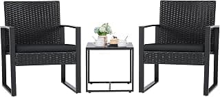 Flamaker 3 Pieces Outdoor Patio Wicker Furniture Set, Modern Rattan Chair Conversation Sets with Coffee Table for Yard and Bistro (Black)