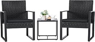 Flamaker 3 Pieces Outdoor Patio Wicker Furniture Set, Modern Rattan Chair Conversation Sets with Coffee Table for Yard and Bistro (Black)