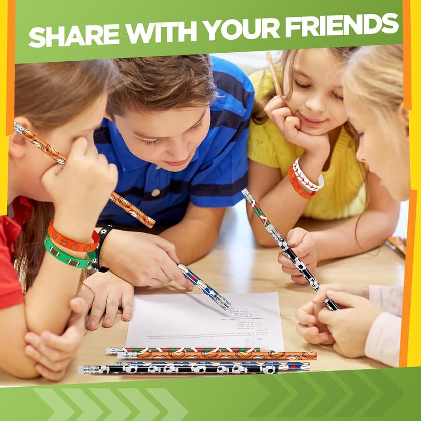 Sabary 48 Pcs Sports Pencils Silicone Bracelets Set Soccer Football Basketball Baseball Wooden Pencil Rubber Wristbands for Birthday Gifts Sports Party Favors(Multi Balls)