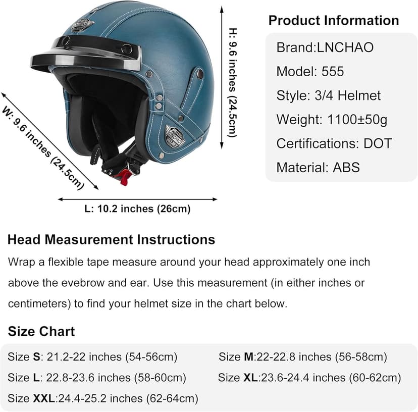 Handmade Leather 3/4 Open Face Motorcycle Helmet Retro Vintage Style DOT Approved Adult Half Helmet for Men Women Motorbike Moped Cruiser Scooter