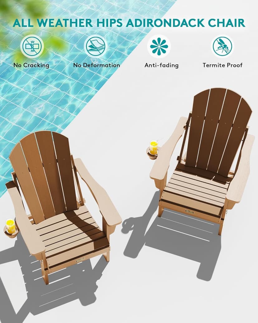SERWALL Folding Adirondack Chair Set of 2 Outdoor Chairs Painted Adirondack Chair with Cup Holder Weather Resistant for Patio Deck Garden, Backyard Deck, Fire Pit- Brown